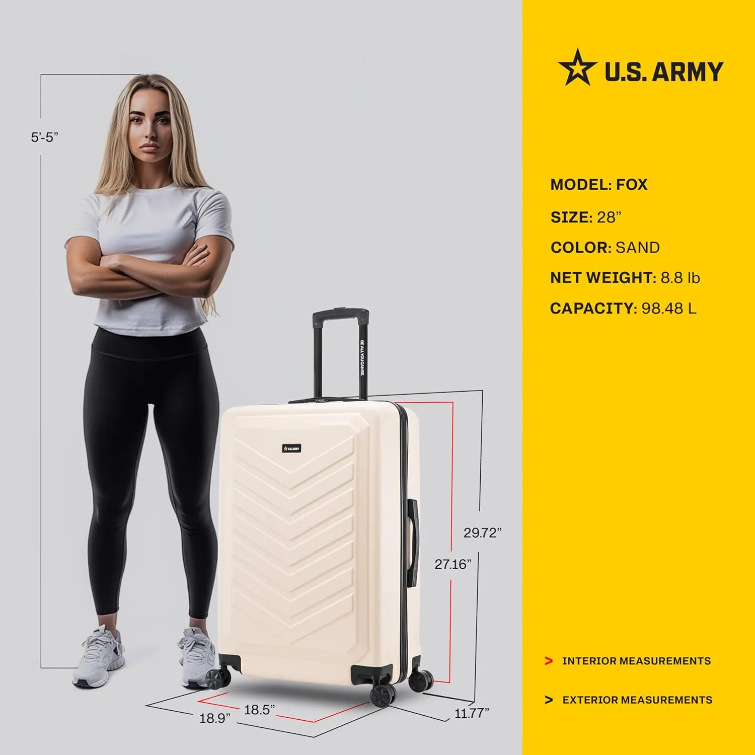 US ARMY Fox 28 inch Hardside Luggage with Spinner Wheels | Lightweight Large Suitcase for Extended Travel | Chevron Icon, Gel Handle, Side Studs, Retractable Trolley, Heavy Duty | Sand