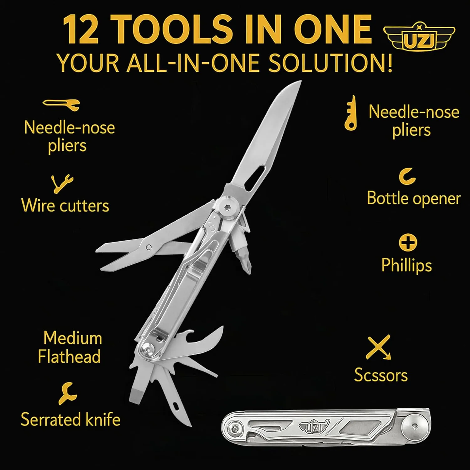 UZI Multifunctional 12-in-1 Multitool with Scissors, Glass Screwdriver, Wire Stripped, Bottle Opener, Can Opener & More - Stainless Steel Multi Tool Pocket Knife for Camping Fishing Survival Hunting