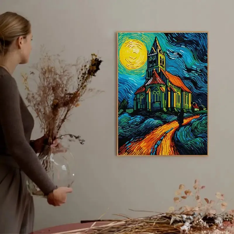 Van Gogh Style Church Art Pattern Joy Sunday Cross Stitch Kits