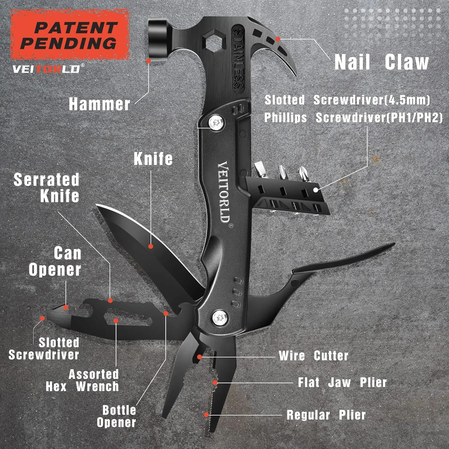 VEITORLD Gifts for Men Dad Him Fathers Day, Unique Anniversary Birthday Gifts Idea for Men Him Husband Boyfriend, All in One Tools Hammer Multitool, Camping Hunting Hiking Presents, Cool Gadgets