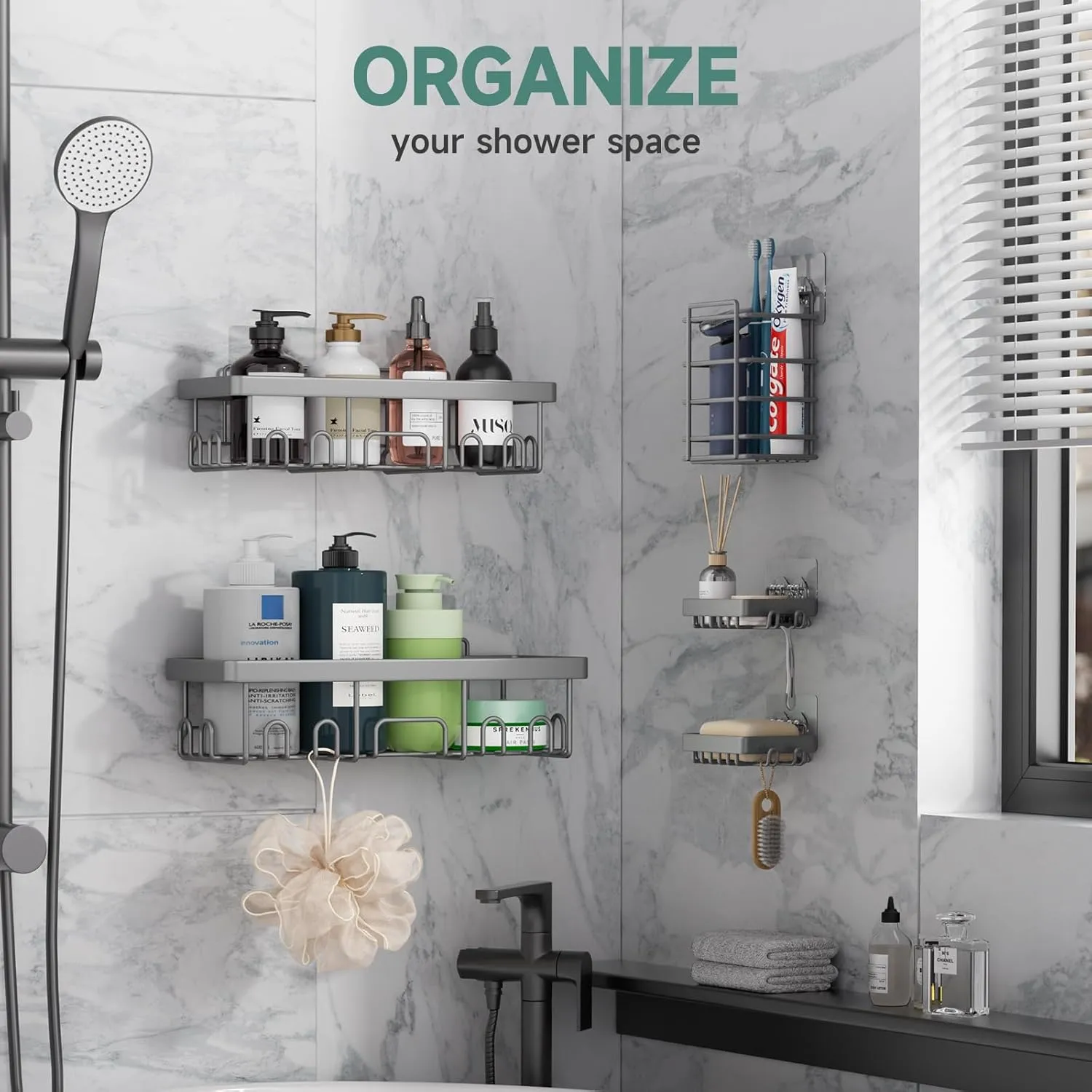 Veken Adhesive Shower Caddy 5-Pack,Heavy Weight Bearing,Large Wall Mounted Shower Shelves Rack,Organizer Storage Accessories with Soap Dish&Toothbrush Holder,Ideal for Bathroom,Home&Kitchen,Gray