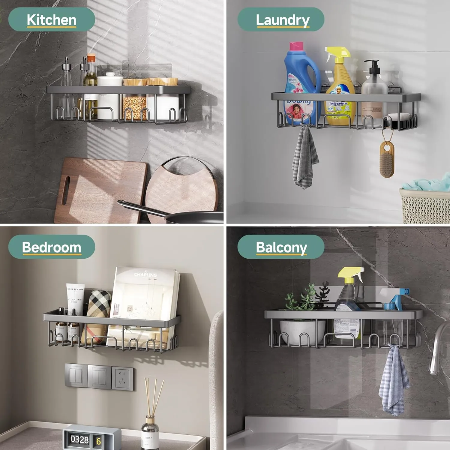 Veken Adhesive Shower Caddy 5-Pack,Heavy Weight Bearing,Large Wall Mounted Shower Shelves Rack,Organizer Storage Accessories with Soap Dish&Toothbrush Holder,Ideal for Bathroom,Home&Kitchen,Gray