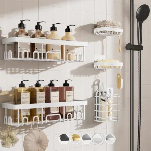 Veken Adhesive Shower Caddy 5-Pack,Heavy Weight Bearing,Large Wall Mounted Shower Shelves Rack,Organizer Storage Accessories with Soap Dish&Toothbrush Holder,Ideal for Bathroom,Home&Kitchen,White