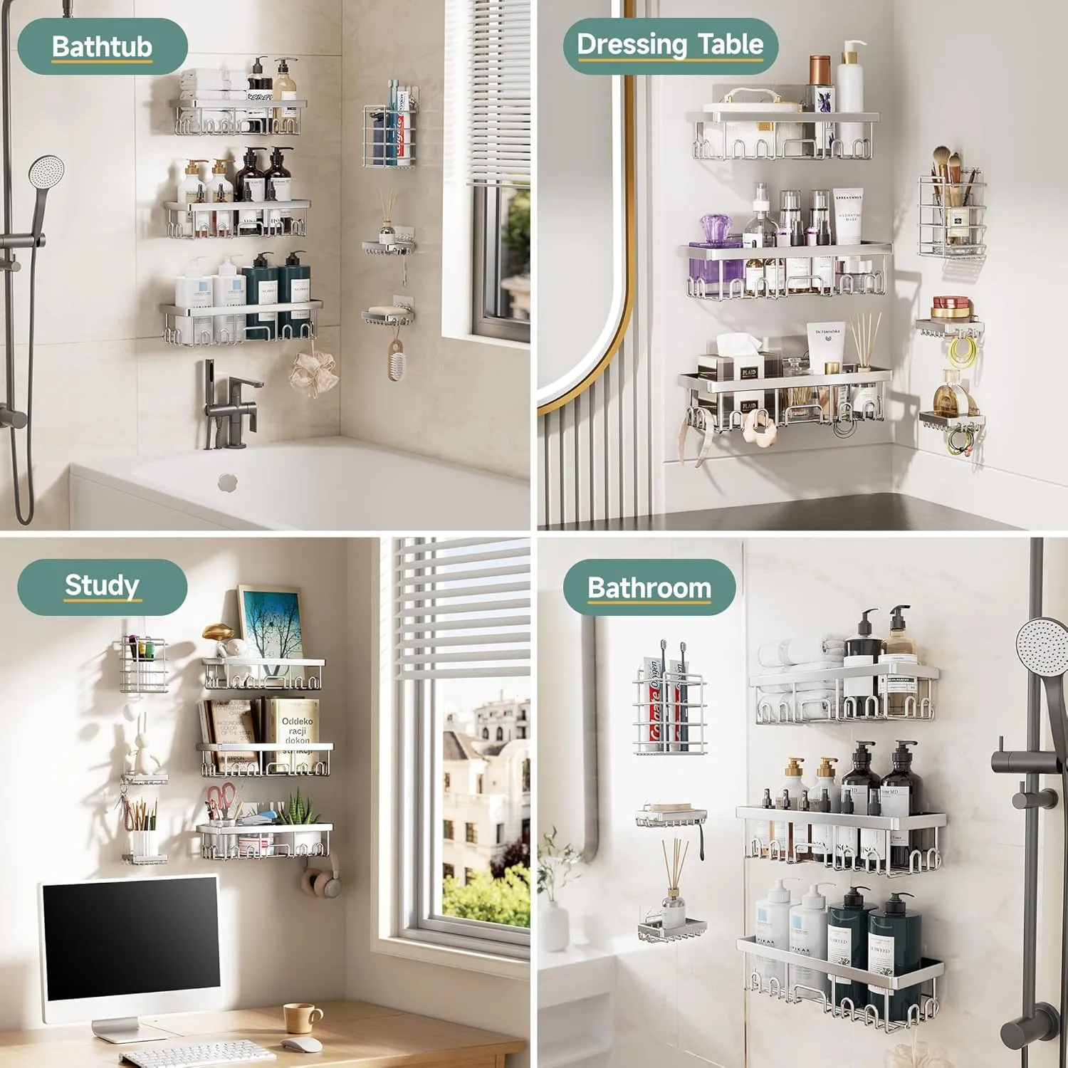 Veken Stainless Steel Shower Caddy 6-Pack, Ideal for Gift, Large Wall Mounted Shower Rack, Bathroom Shelves Over Toilet, Organizer Storage Accessories with Soap Dish & Toothbrush Holder, Silver