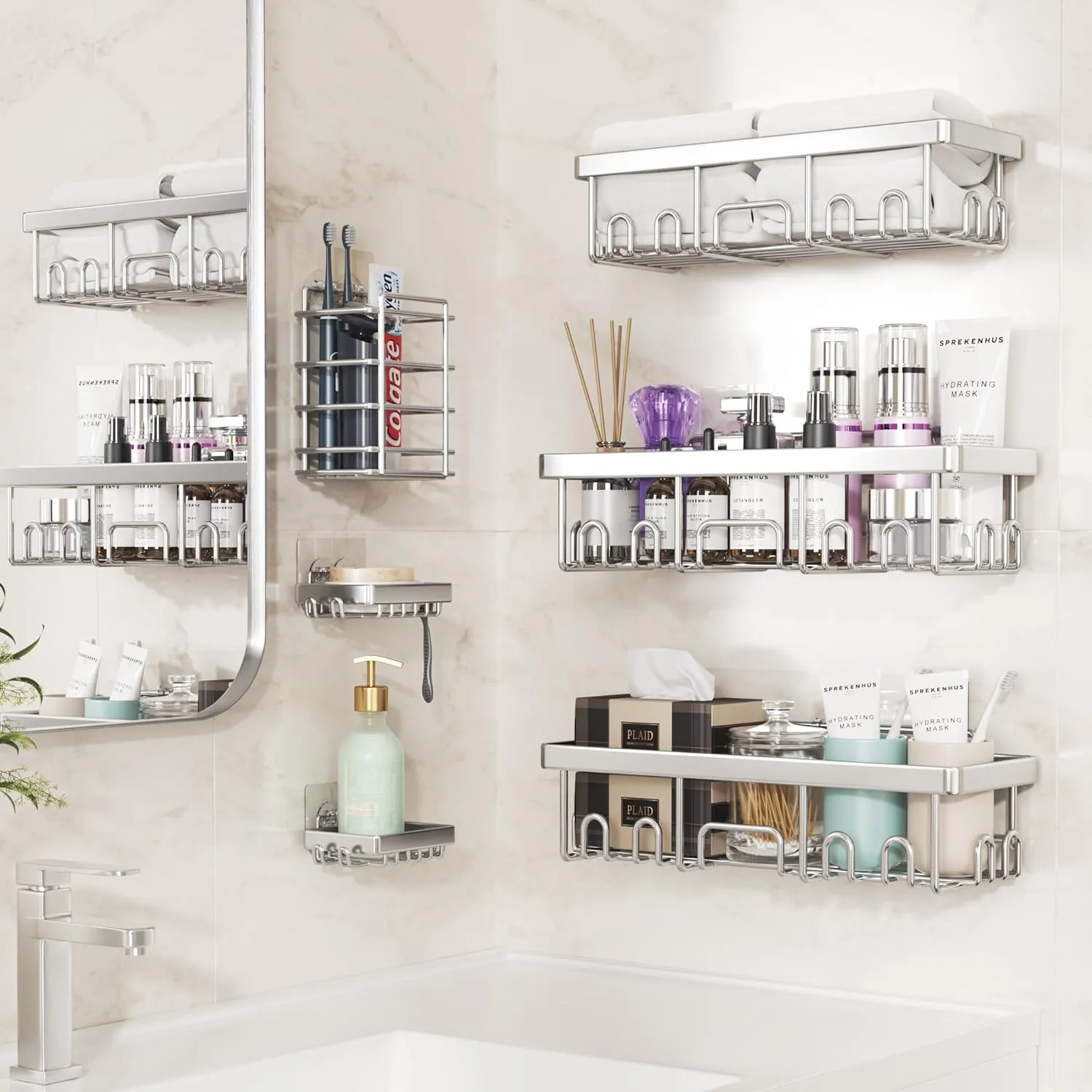 Veken Stainless Steel Shower Caddy 6-Pack, Ideal for Gift, Large Wall Mounted Shower Rack, Bathroom Shelves Over Toilet, Organizer Storage Accessories with Soap Dish & Toothbrush Holder, Silver