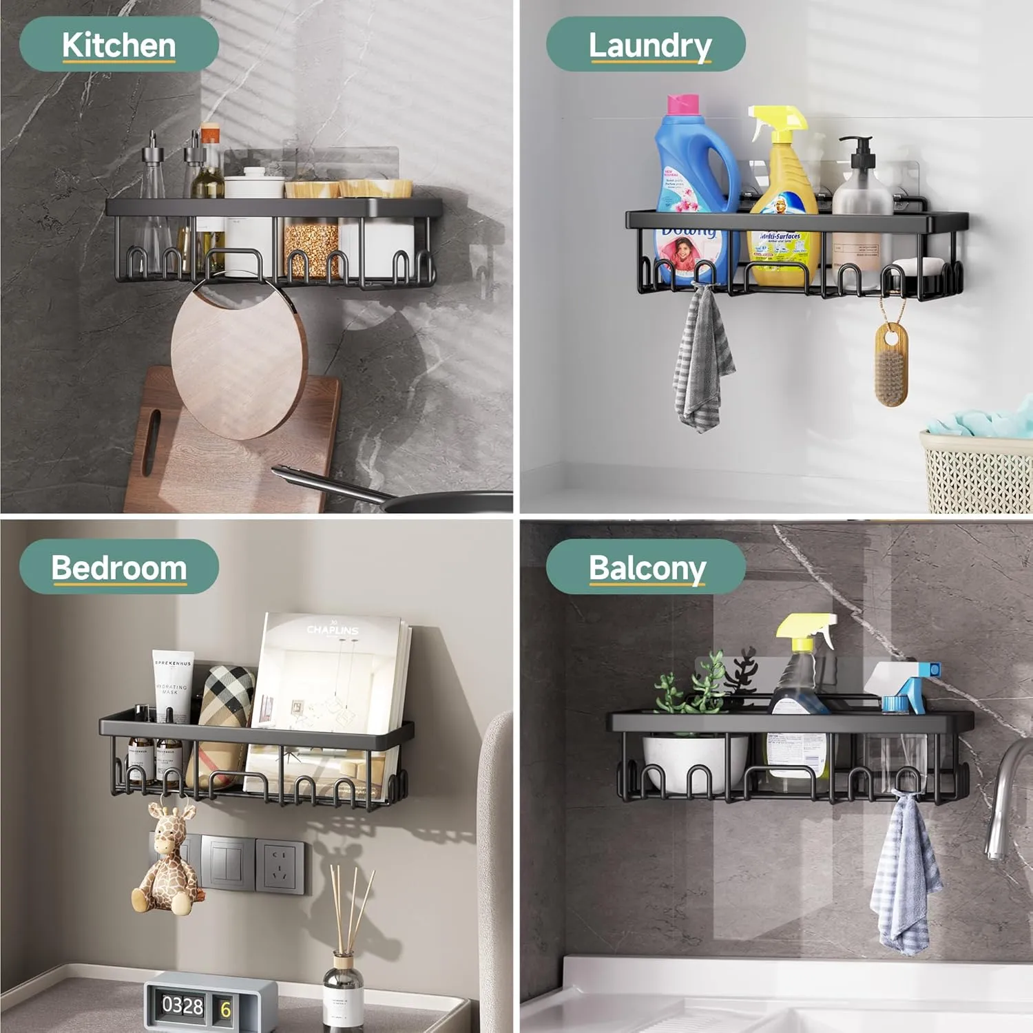Veken Stainless Steel Shower Caddy 6-Pack, No Drilling & Rustproof, Waterproof Adhesive Shelves Rack with Soap Holder, Large Capacity Bathroom Organizers and Storage, Wall-Mounted Kitchen & Home Decor