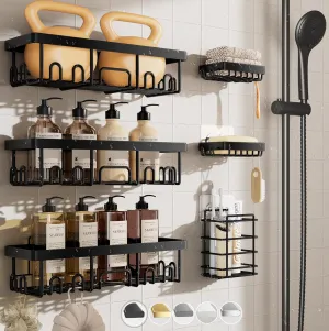 Veken Stainless Steel Shower Caddy 6-Pack, No Drilling & Rustproof, Waterproof Adhesive Shelves Rack with Soap Holder, Large Capacity Bathroom Organizers and Storage, Wall-Mounted Kitchen & Home Decor