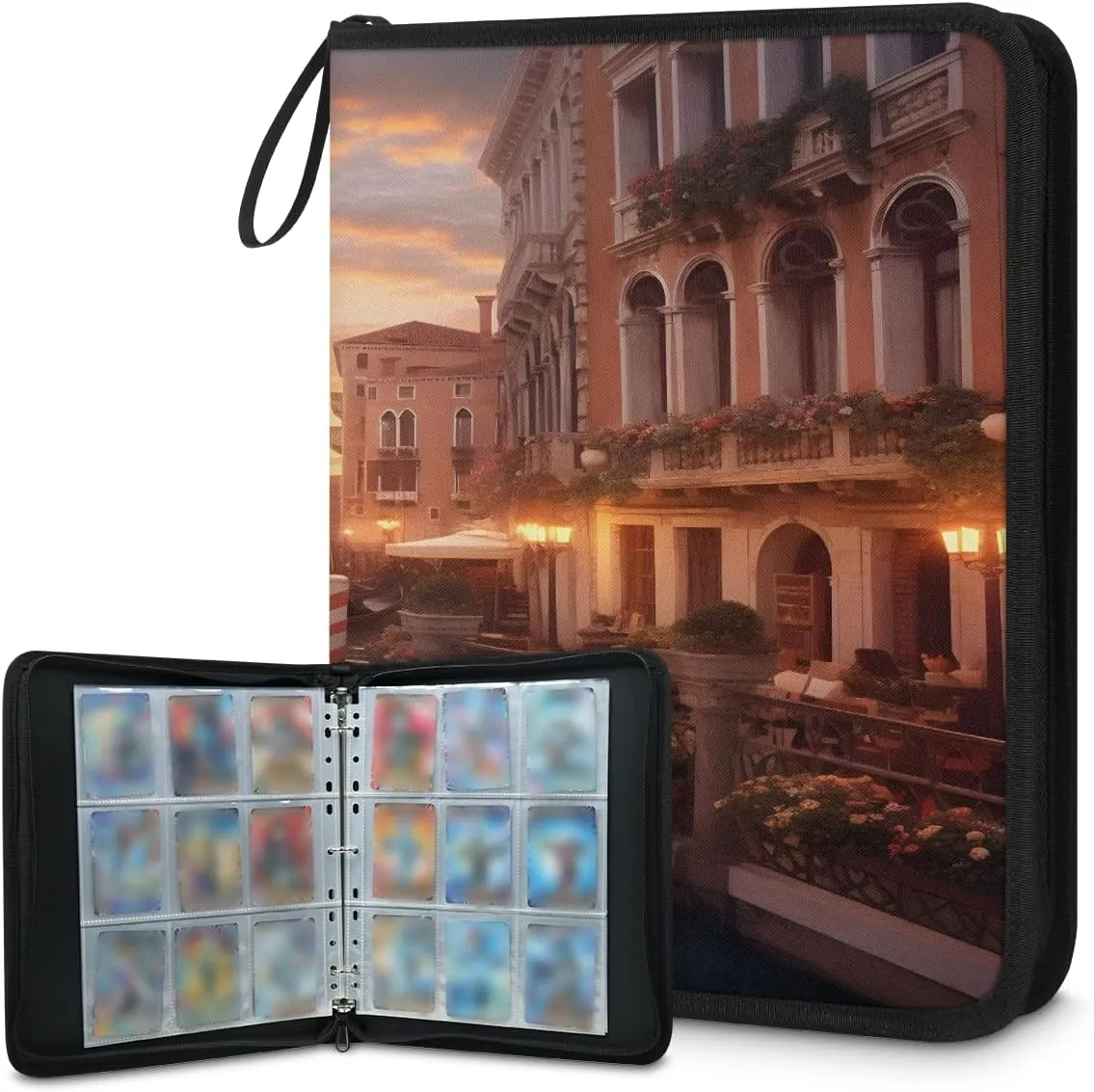 Venice Water City 3 Ring Trading Zipper Binder Strap, Trading Card Binder 9 Pocket, 900 Pockets Card Holder with 50 Removable Sleeves for Game Cards