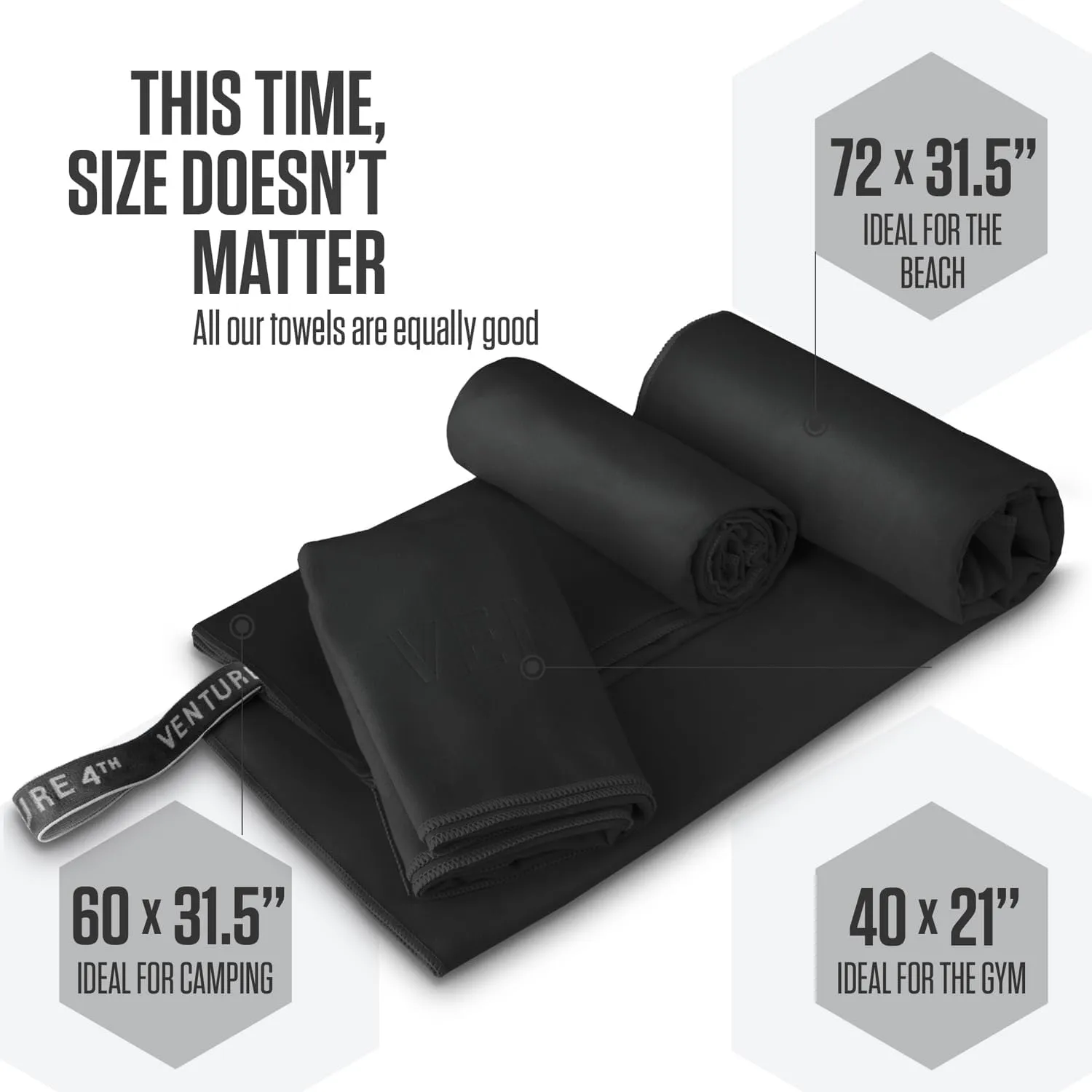 VENTURE 4TH Quick Dry Towel. Microfiber Travel Towel Ideal for Camping, Hiking, Backpacking, Gym. Lightweight & Fast Drying Travel Towels for Body. Compact & Easy to Pack - Black Extra Large