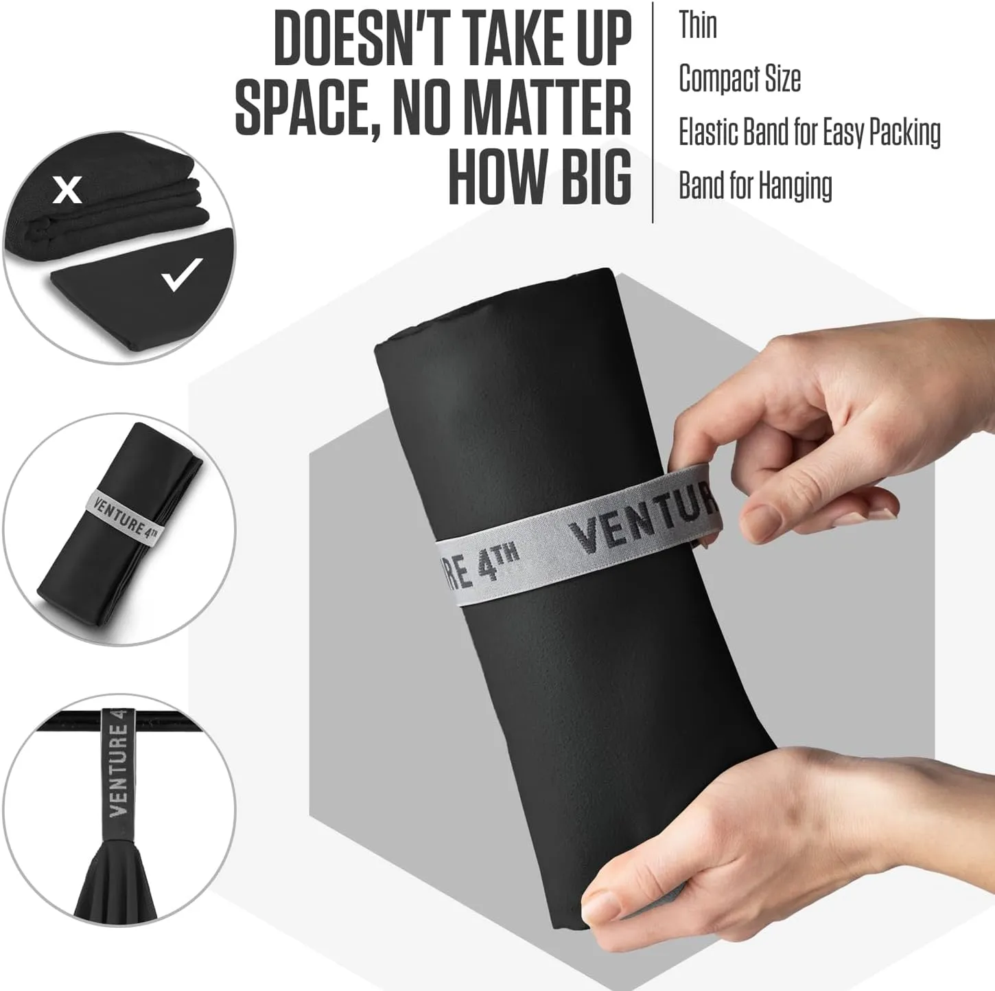 VENTURE 4TH Quick Dry Towel. Microfiber Travel Towel Ideal for Camping, Hiking, Backpacking, Gym. Lightweight & Fast Drying Travel Towels for Body. Compact & Easy to Pack - Black Extra Large