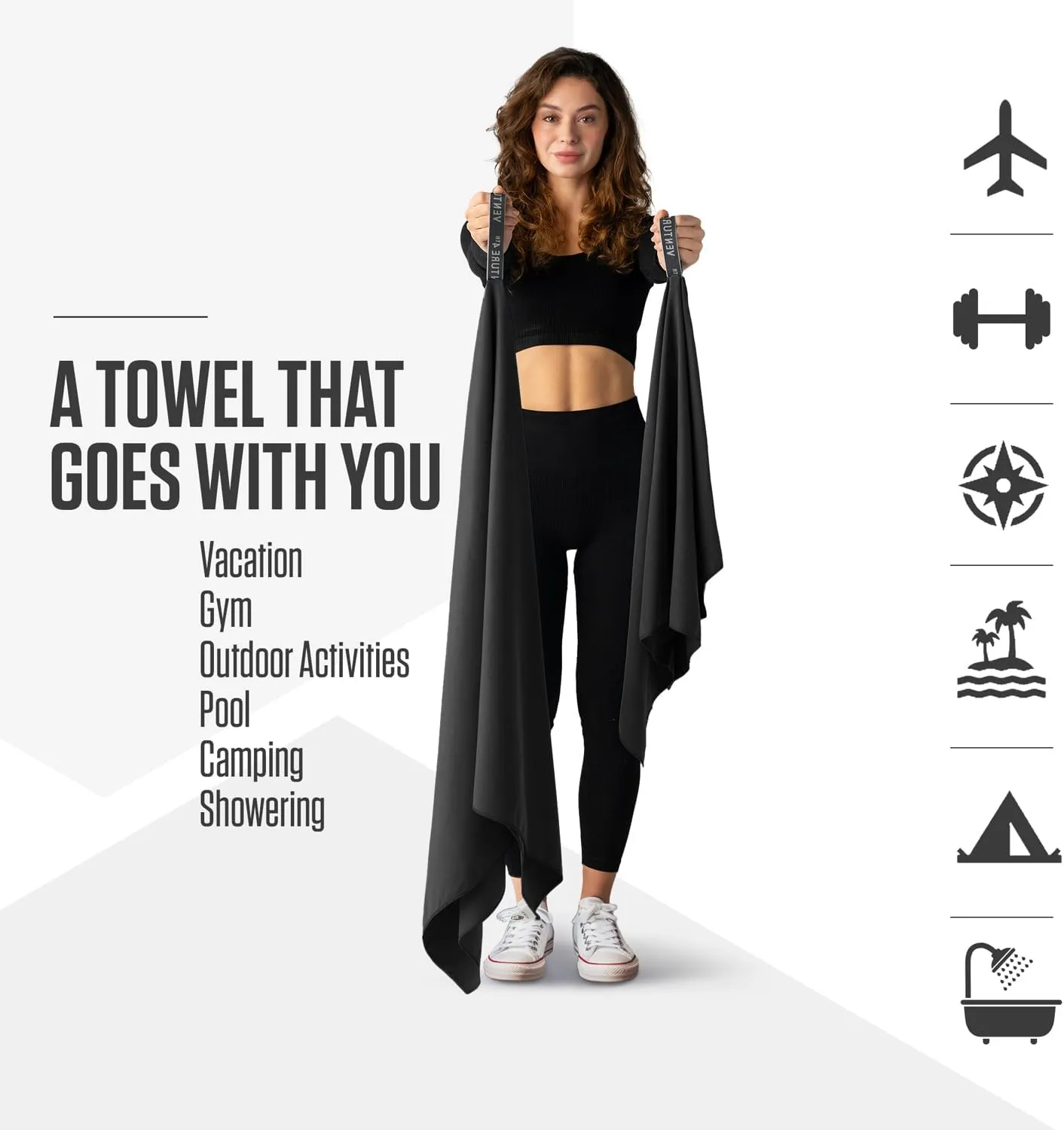 VENTURE 4TH Quick Dry Towel. Microfiber Travel Towel Ideal for Camping, Hiking, Backpacking, Gym. Lightweight & Fast Drying Travel Towels for Body. Compact & Easy to Pack - Black Extra Large