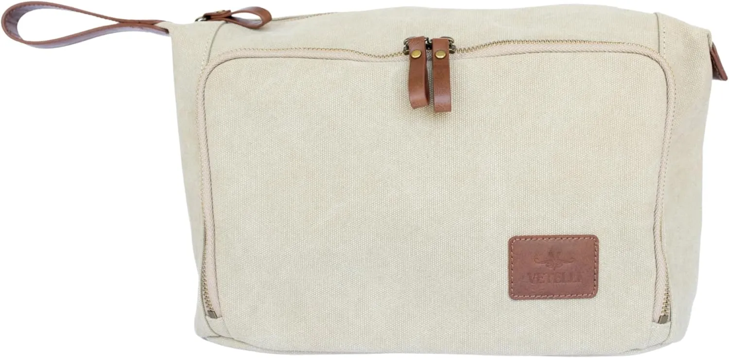Vetelli Vintage Canvas Toiletry Bags, Travel In Style, Waterproof Canvas Dopp Kits, Durable (Messner) (Beige)