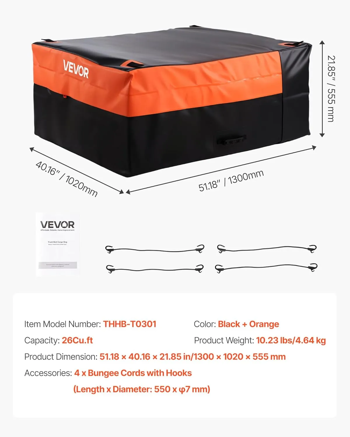 VEVOR Truck Bed Cargo Bag, Waterproof 840D PVC, 51.18 x 40.16 x 21.85 in (26 Cubic Feet), Heavy Duty Cargo Bag for Truck Bed with 4 Bungee Cords with Hooks, Fits a Variety of SUV and Pickup Trucks