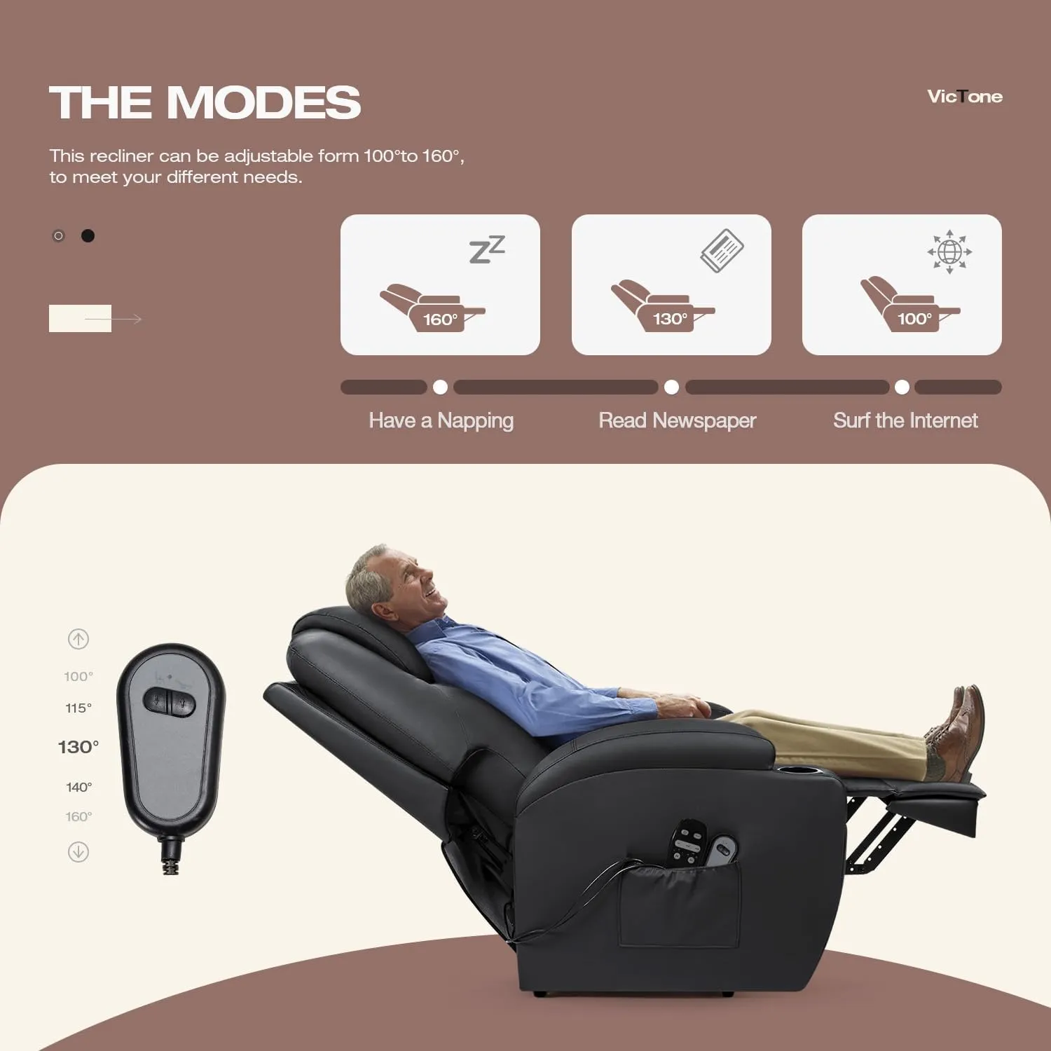 VICTONE Electric Power Lift Recliner Chair for Elderly Reclining Sofa for Living Room with Massage, Side Pockets and Cup Holders (Leather, Black)