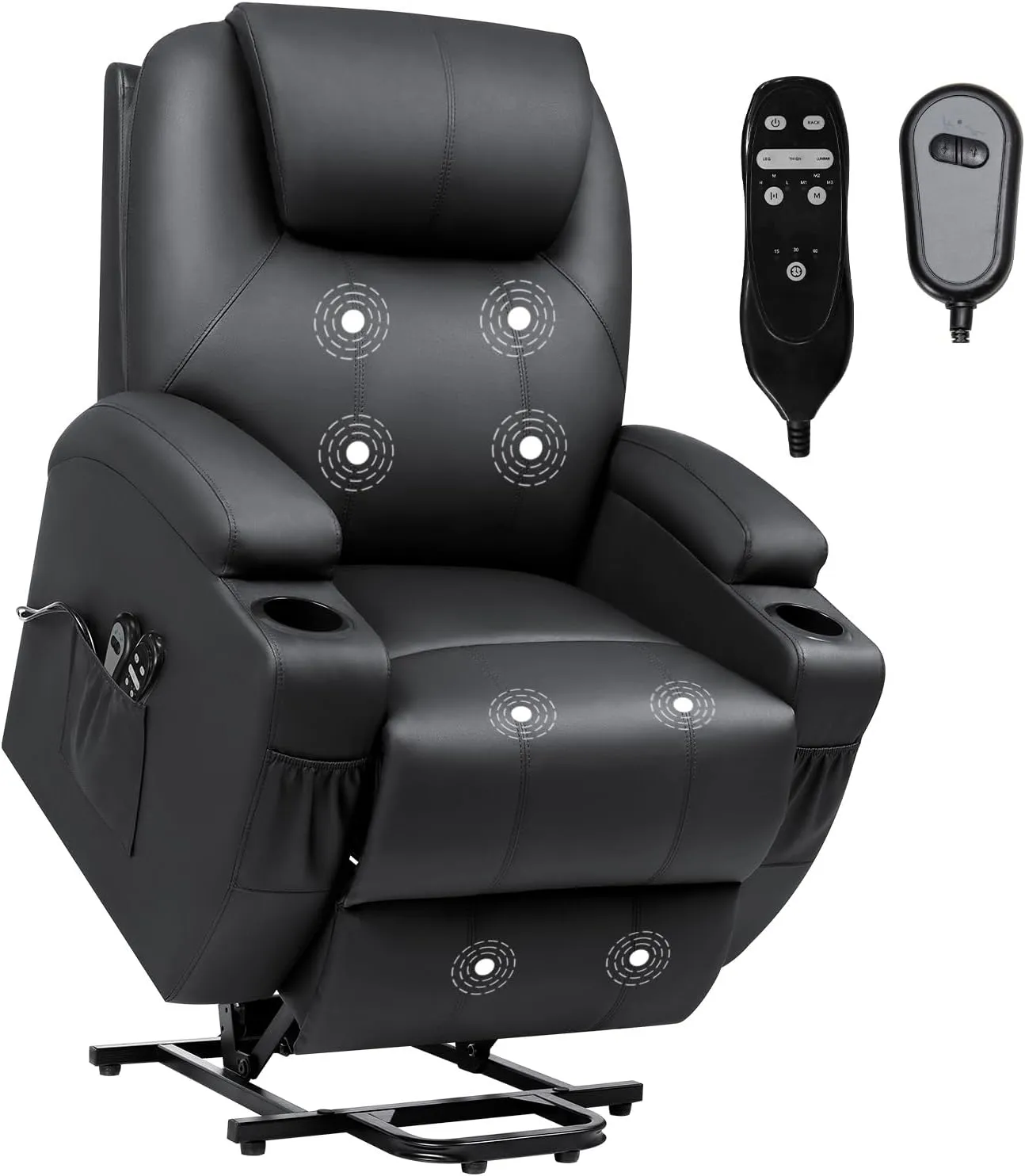 VICTONE Electric Power Lift Recliner Chair for Elderly Reclining Sofa for Living Room with Massage, Side Pockets and Cup Holders (Leather, Black)