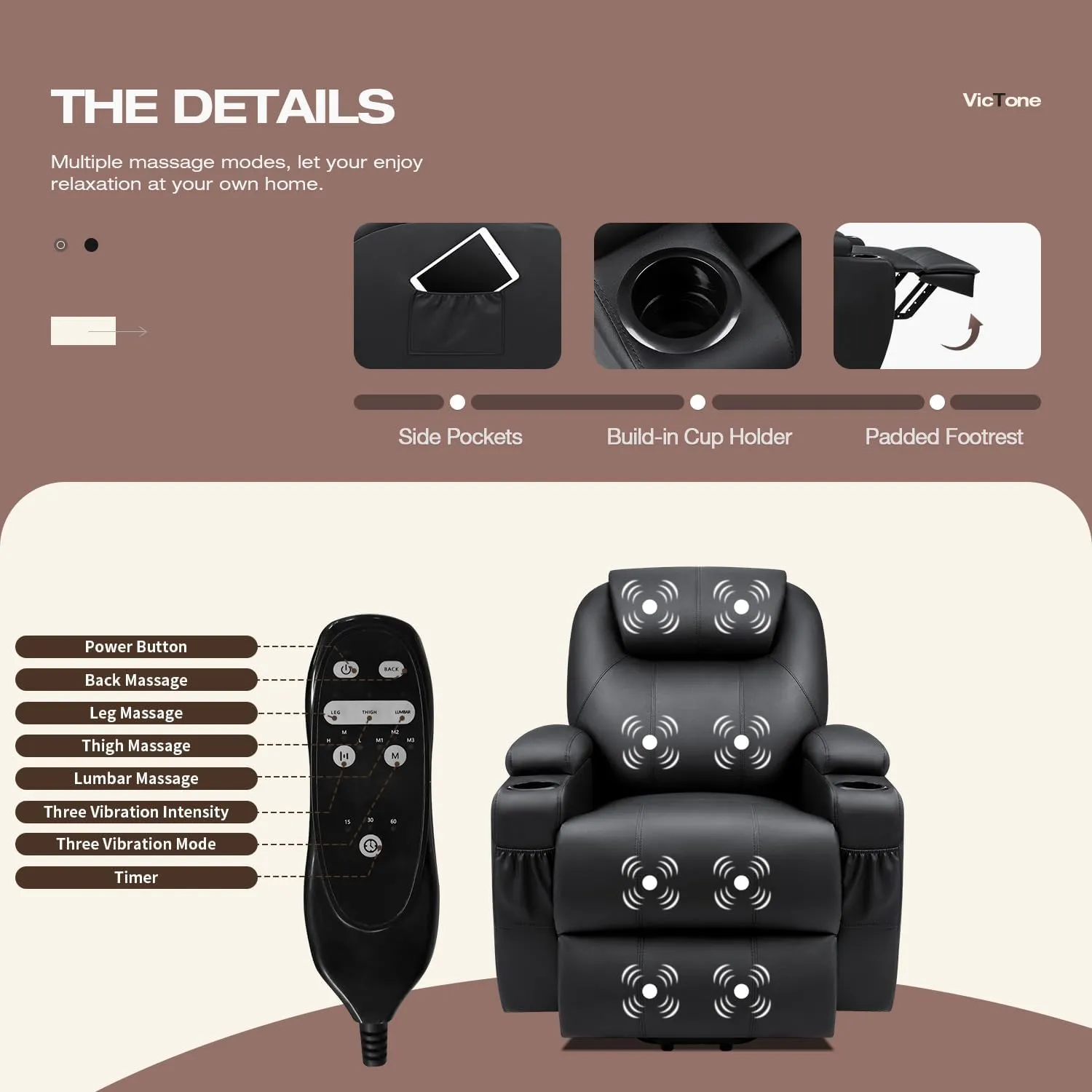 VICTONE Electric Power Lift Recliner Chair for Elderly Reclining Sofa for Living Room with Massage, Side Pockets and Cup Holders (Leather, Black)