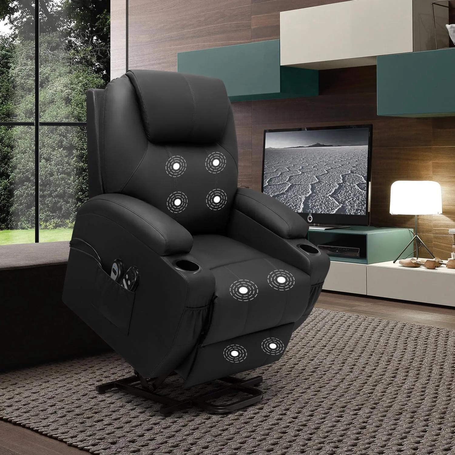 VICTONE Electric Power Lift Recliner Chair for Elderly Reclining Sofa for Living Room with Massage, Side Pockets and Cup Holders (Leather, Black)