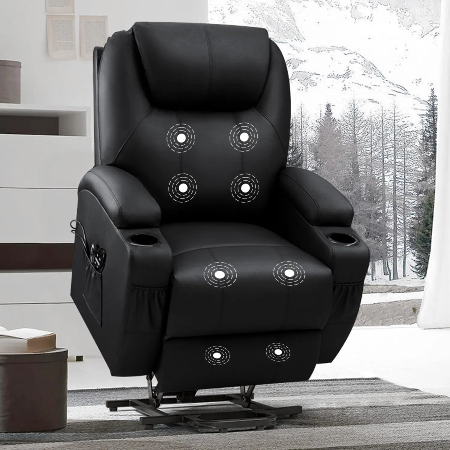 VICTONE Electric Power Lift Recliner Chair for Elderly Reclining Sofa for Living Room with Massage, Side Pockets and Cup Holders (Leather, Black)