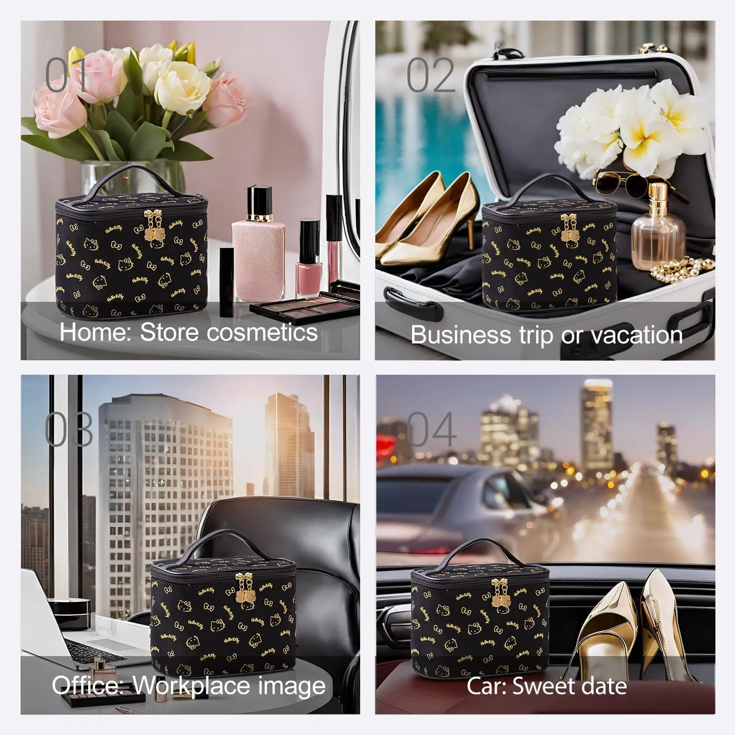 Vimanllie Makeup Bag Large Capacity Travel Cosmetic Bag with Dedicated Brush Holder, Cute Printed Makeup Organizer for Women Traveling,Portable Toiletry Bag for Girls