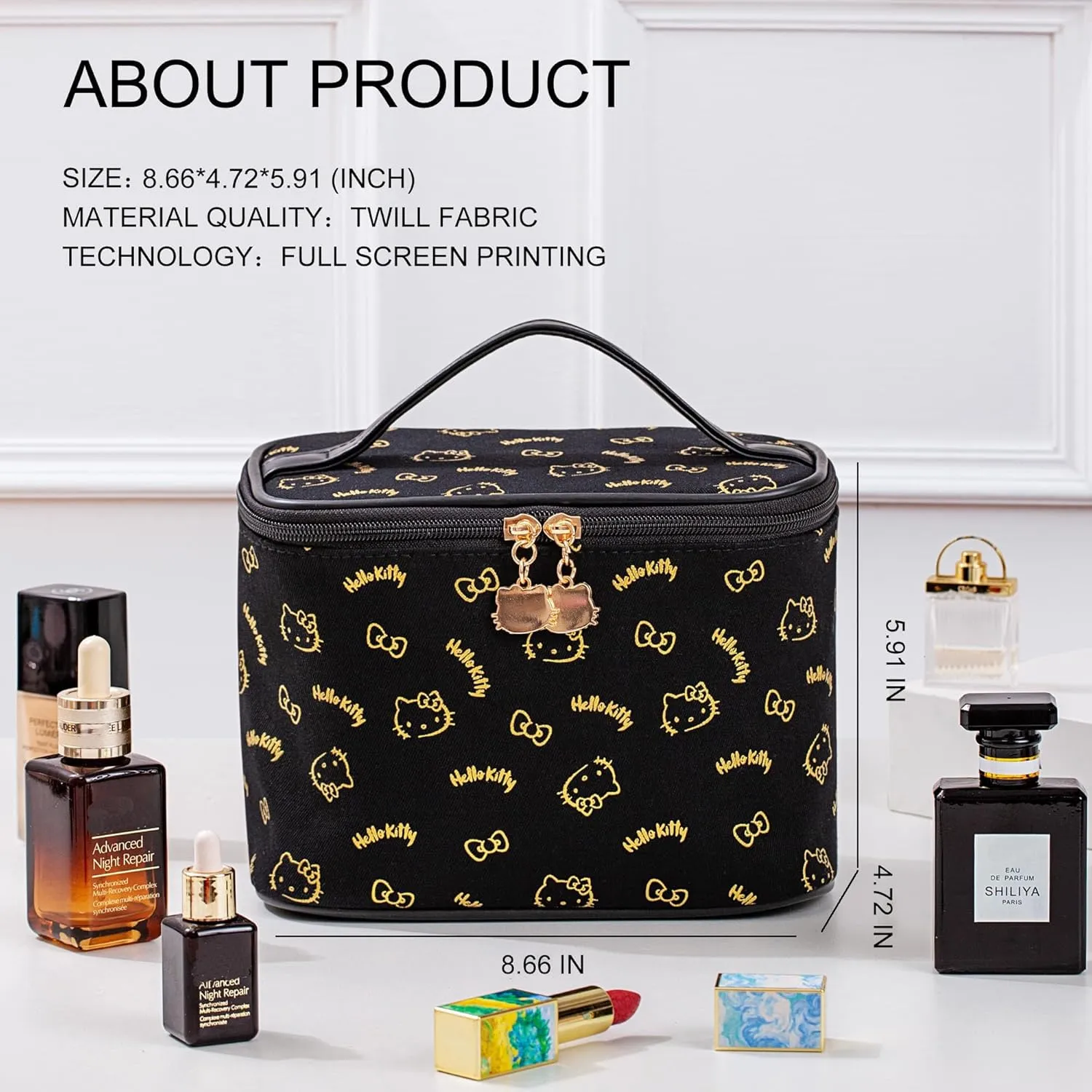 Vimanllie Makeup Bag Large Capacity Travel Cosmetic Bag with Dedicated Brush Holder, Cute Printed Makeup Organizer for Women Traveling,Portable Toiletry Bag for Girls