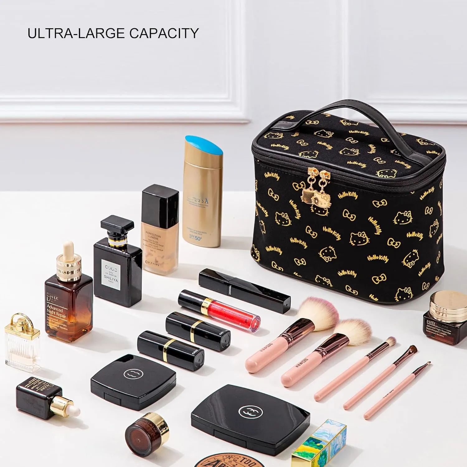 Vimanllie Makeup Bag Large Capacity Travel Cosmetic Bag with Dedicated Brush Holder, Cute Printed Makeup Organizer for Women Traveling,Portable Toiletry Bag for Girls
