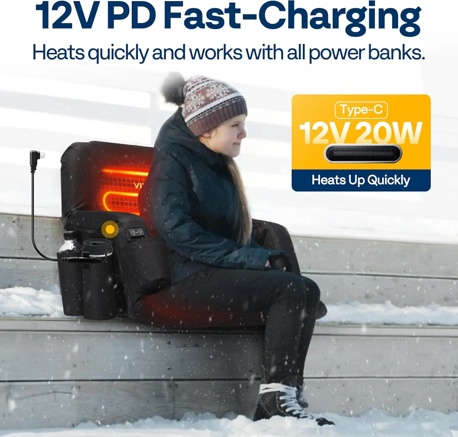 VIVOHOME Heated Stadium Seat with Back Support and Cushion, Bleacher Chair with 12V 20W PD Fast Charging Type C Port, 3 Levels of Heat, NTC Overheat Protection System(Power Bank not Included)