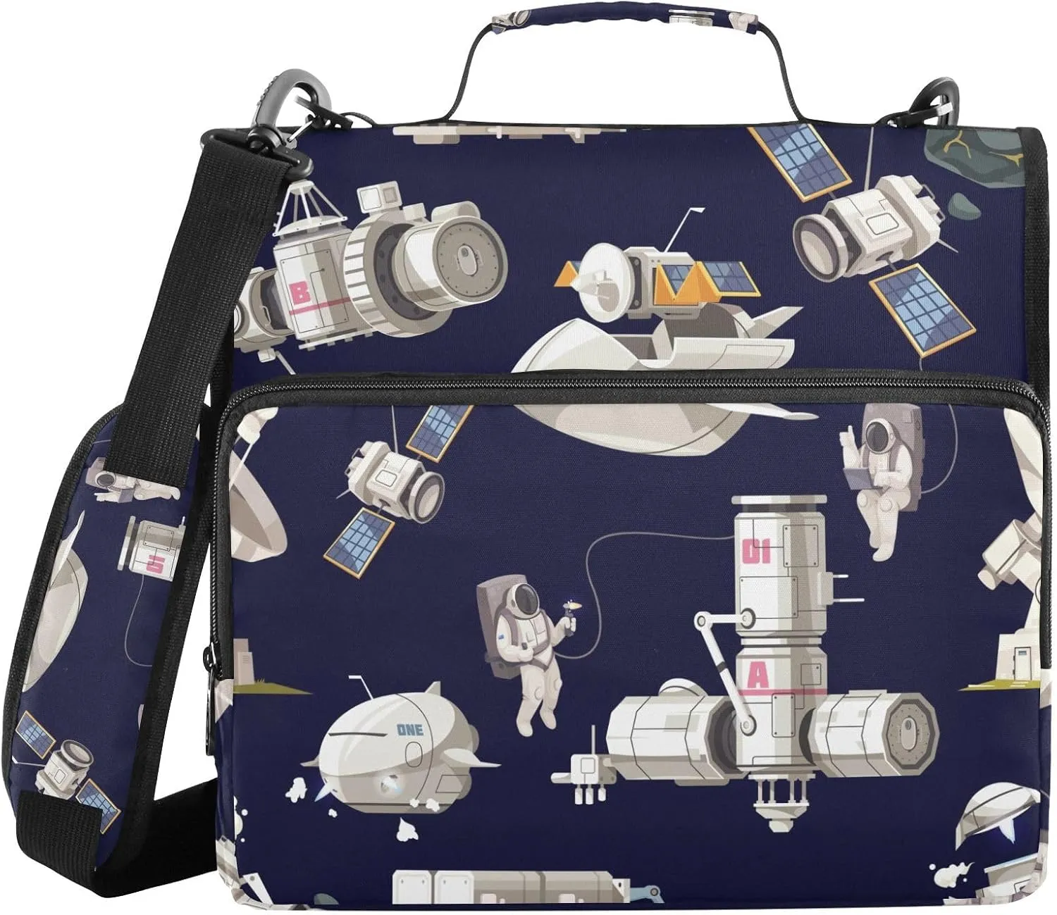 VKPSCHJ Zippered Binder Bag with Multi-Pocket,Waterproof 1.5 Inch 3 Ring Binder,Astronaut Galaxy Spacecraft Expanding File Folder with Shoulder Strap and Handle File Organizer for Office Travel