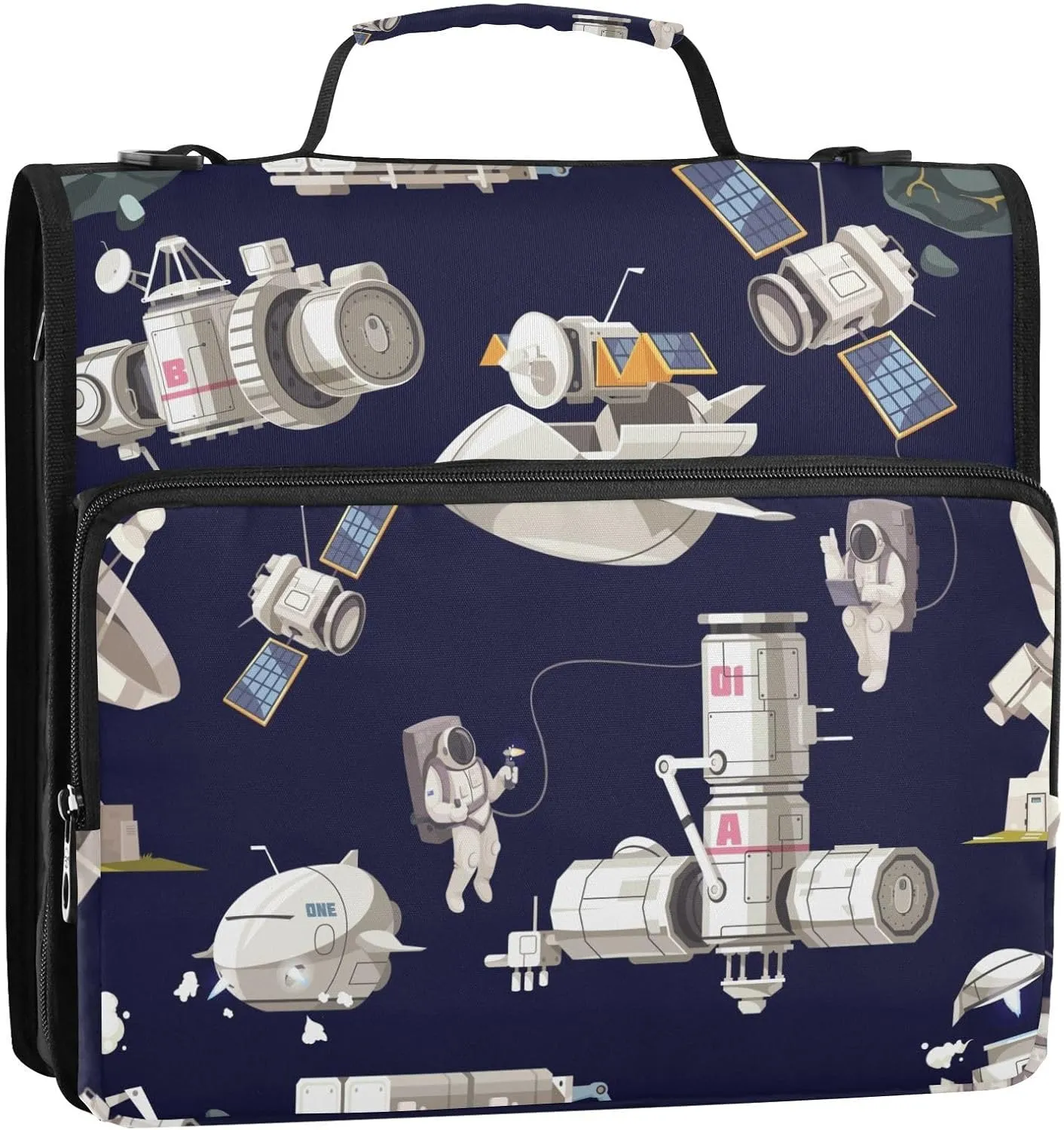 VKPSCHJ Zippered Binder Bag with Multi-Pocket,Waterproof 1.5 Inch 3 Ring Binder,Astronaut Galaxy Spacecraft Expanding File Folder with Shoulder Strap and Handle File Organizer for Office Travel