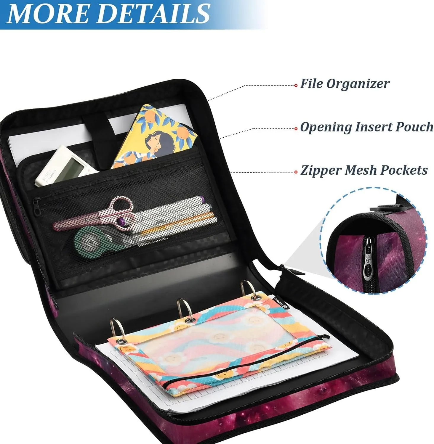 VKPSCHJ Zippered Binder Bag with Multi-Pocket,Waterproof 1.5 Inch 3 Ring Binder,Comets Galaxy Expanding File Folder with Shoulder Strap and Handle File Organizer for Office Travel