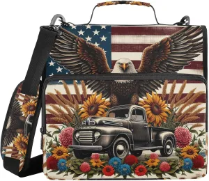 VKPSCHJ Zippered Binder Bag with Multi-Pocket,Waterproof 1.5 Inch 3 Ring Binder,USA Flag with Eagle and Old Truck Expanding File Folder with Shoulder Strap and Handle File Organizer for Office Travel