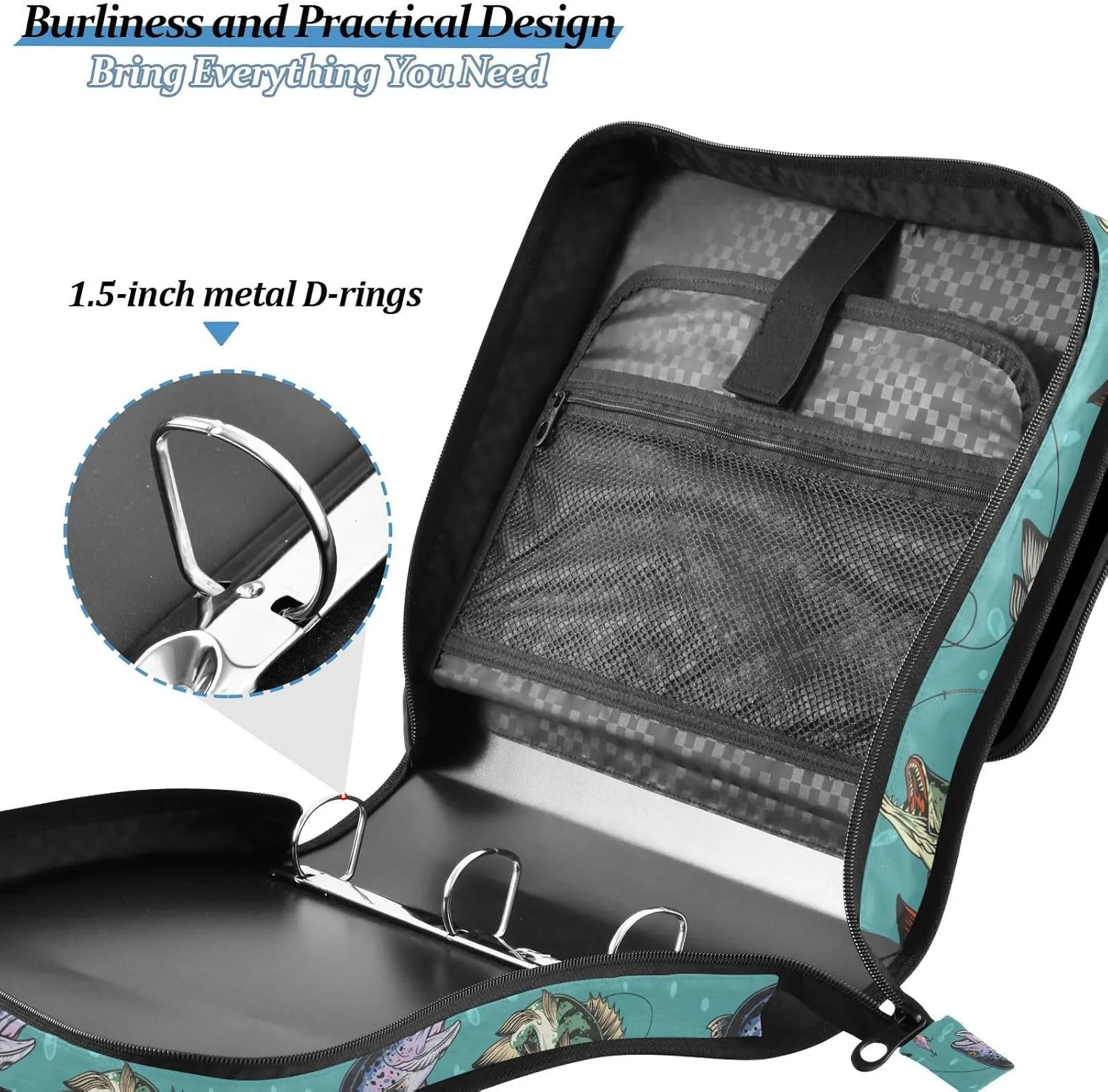 VKPSCHJ Zippered Binder Bag with Multi-Pocket,Waterproof 1.5 Inch 3 Ring Binder,Various Fish Trout Bass Expanding File Folder with Shoulder Strap and Handle File Organizer for Office Travel