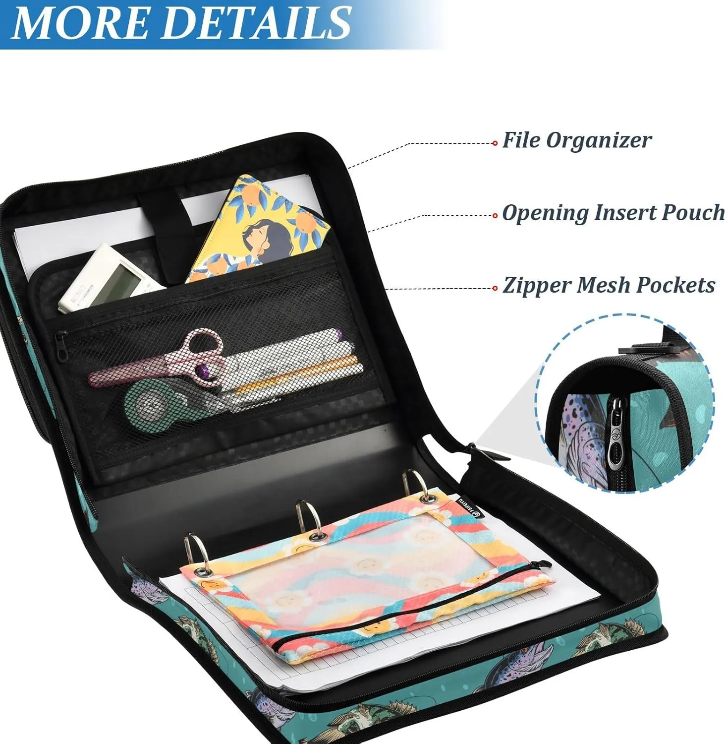 VKPSCHJ Zippered Binder Bag with Multi-Pocket,Waterproof 1.5 Inch 3 Ring Binder,Various Fish Trout Bass Expanding File Folder with Shoulder Strap and Handle File Organizer for Office Travel
