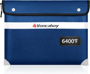 Voncabay Upgraded 6400°F Fireproof Waterproof Document Bag, Fireproof Money Bag for Cash with Zipper and Reflective Strips, 14.2" X 11" Fireproof Document Holder Pouch for Cash & Document Safe （Blue）