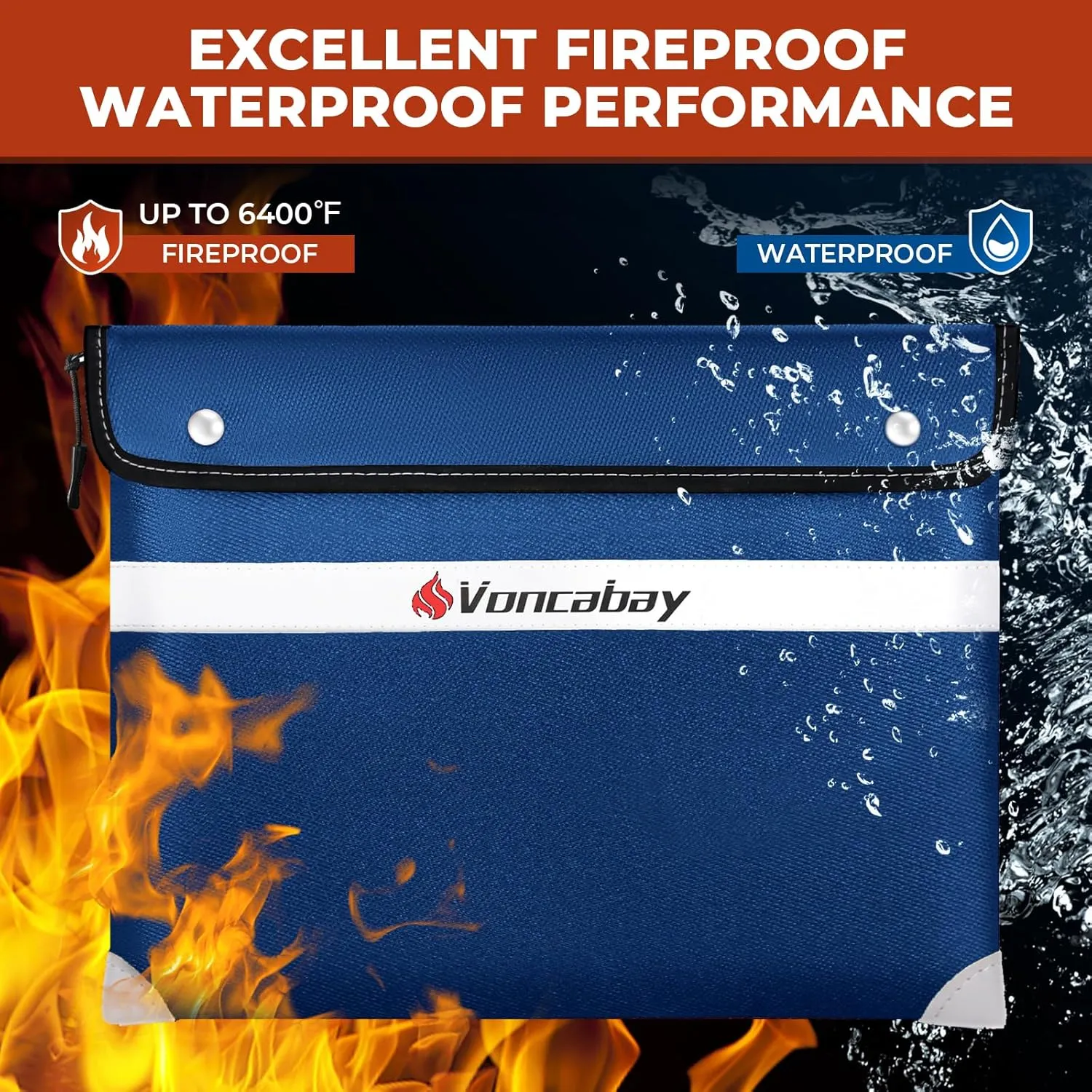Voncabay Upgraded 6400°F Fireproof Waterproof Document Bag, Fireproof Money Bag for Cash with Zipper and Reflective Strips, 14.2" X 11" Fireproof Document Holder Pouch for Cash & Document Safe （Blue）
