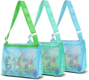 VOROLO 3PCS Mesh Beach Bag for Holding Toys,Sand Towels Tote for Kids Seashell Collecting,Shell Bags for Children Picnic,Swimming Accessories for Boys and Girls