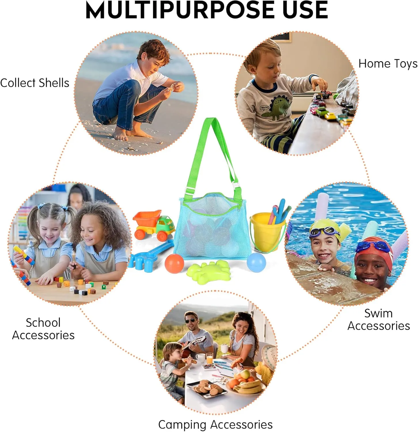 VOROLO 3PCS Mesh Beach Bag for Holding Toys,Sand Towels Tote for Kids Seashell Collecting,Shell Bags for Children Picnic,Swimming Accessories for Boys and Girls