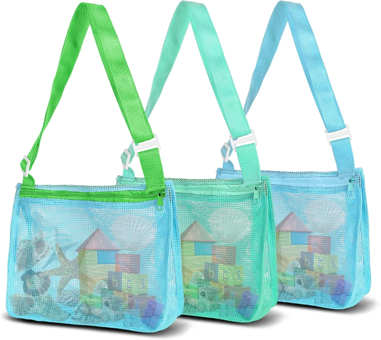 VOROLO 3PCS Mesh Beach Bag for Holding Toys,Sand Towels Tote for Kids Seashell Collecting,Shell Bags for Children Picnic,Swimming Accessories for Boys and Girls