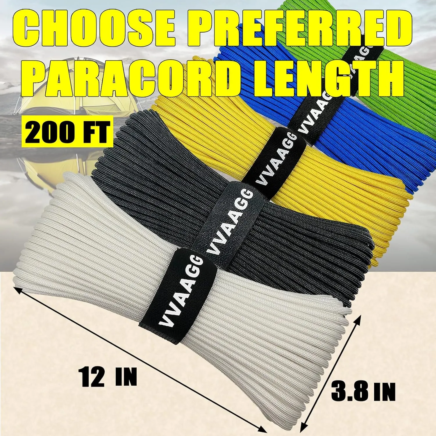 VVAAGG 1000lb Paracord Rope 200FT, 4mm Parachute Cord Heavy Duty 12 Strand Nylon Rope for Climbing Camping, Tent, Clothsline, Outdoor Hiking, Fishing, Marine Weatherproof Rope (White, 200FT)