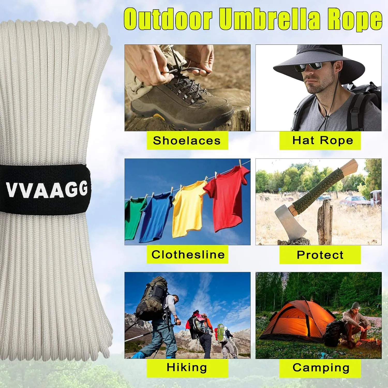 VVAAGG 1000lb Paracord Rope 200FT, 4mm Parachute Cord Heavy Duty 12 Strand Nylon Rope for Climbing Camping, Tent, Clothsline, Outdoor Hiking, Fishing, Marine Weatherproof Rope (White, 200FT)