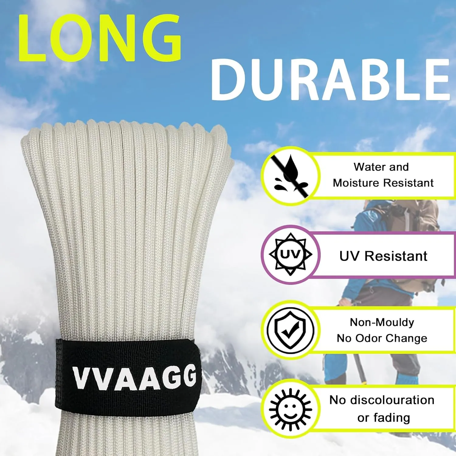 VVAAGG 1000lb Paracord Rope 200FT, 4mm Parachute Cord Heavy Duty 12 Strand Nylon Rope for Climbing Camping, Tent, Clothsline, Outdoor Hiking, Fishing, Marine Weatherproof Rope (White, 200FT)