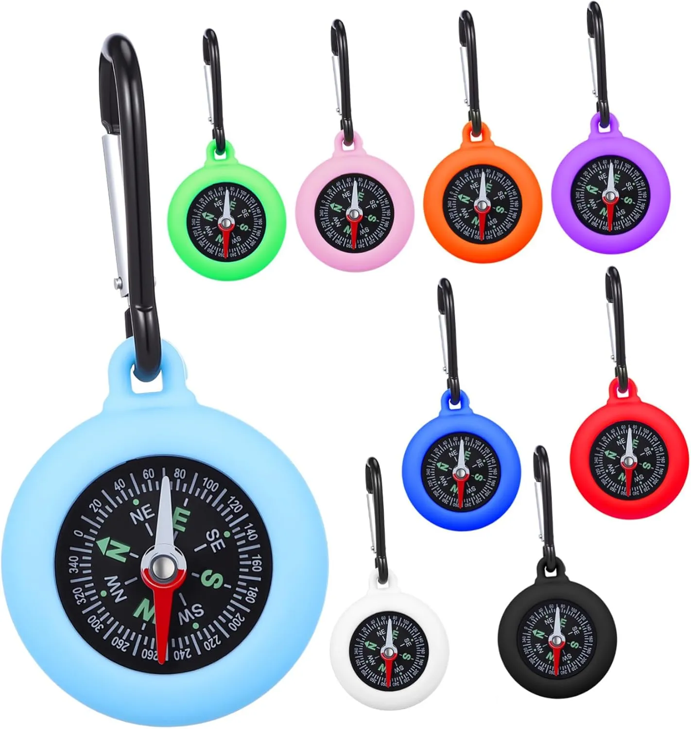 Wakauto 9pcs Mini Carabiner Compass for Outdoor Activities Accurate Direction for Hiking Camping Climbing and Travel Adventures