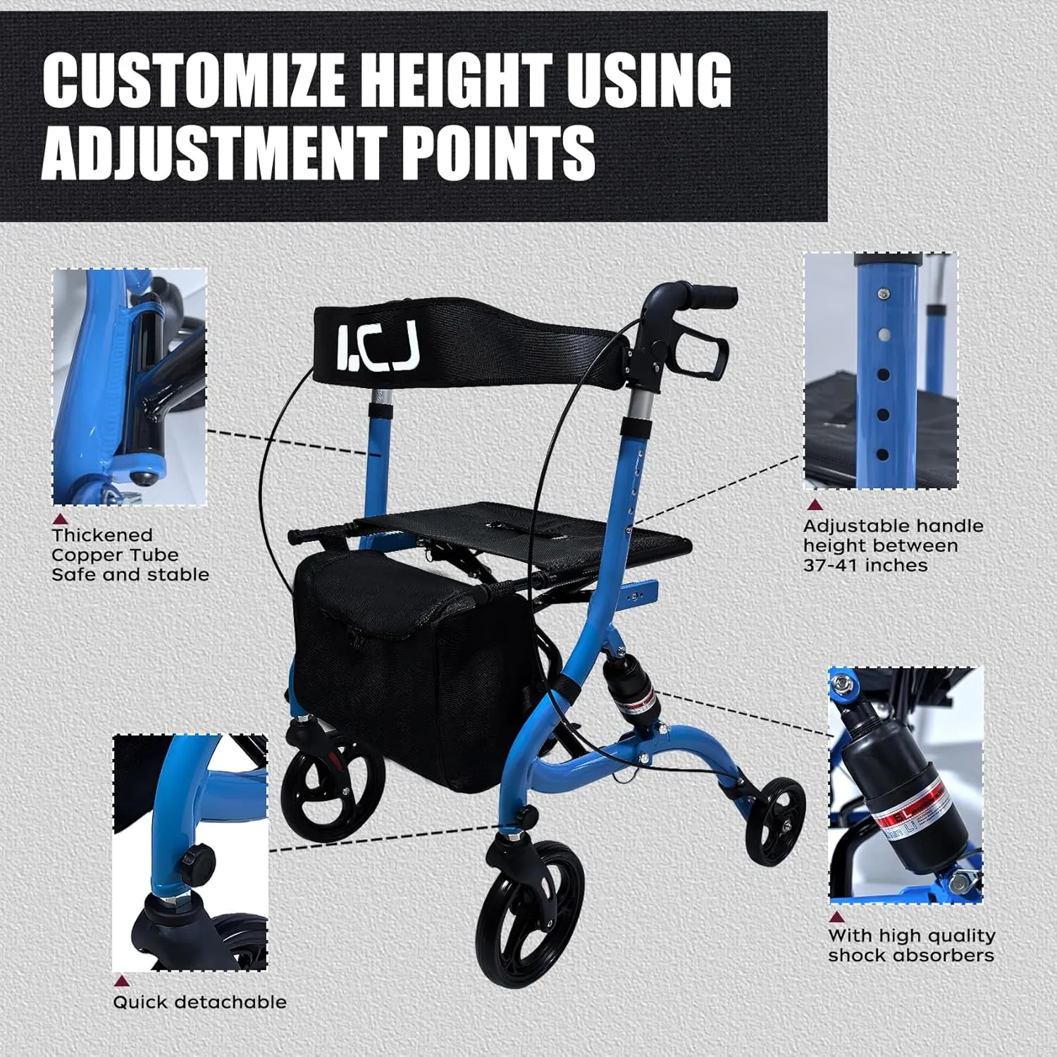 Walker for Seniors,Foldable Walker with Seat,8-inch Front Wheel,6-inch Rear Wheel,Height-Adjustable Seat,Equipped with Shopping Bag,for Elderly,Supports up to 300 lbs(Yellow-Shock-Absorbing Design)