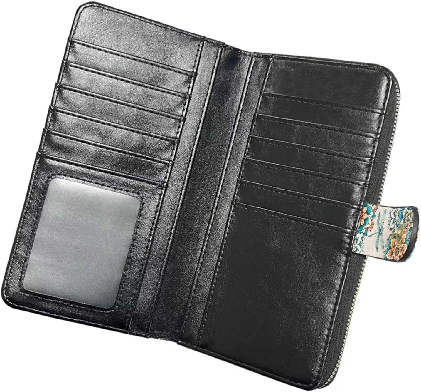 Wallet for Women Boho Floral with Dragonfly Print Zipper Wallet ID Card Purse PU Leather Clutch Wallet for Party Travel Shopping