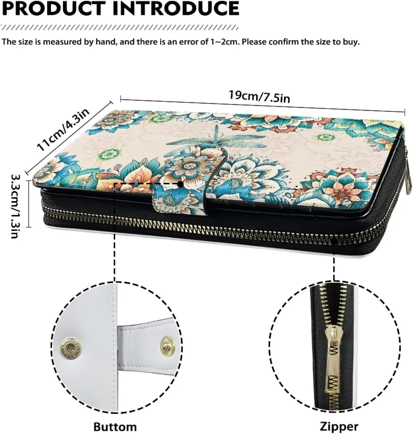 Wallet for Women Boho Floral with Dragonfly Print Zipper Wallet ID Card Purse PU Leather Clutch Wallet for Party Travel Shopping