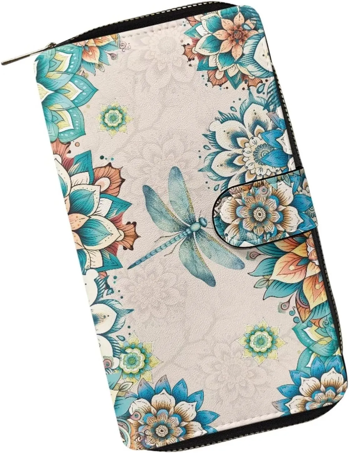Wallet for Women Boho Floral with Dragonfly Print Zipper Wallet ID Card Purse PU Leather Clutch Wallet for Party Travel Shopping