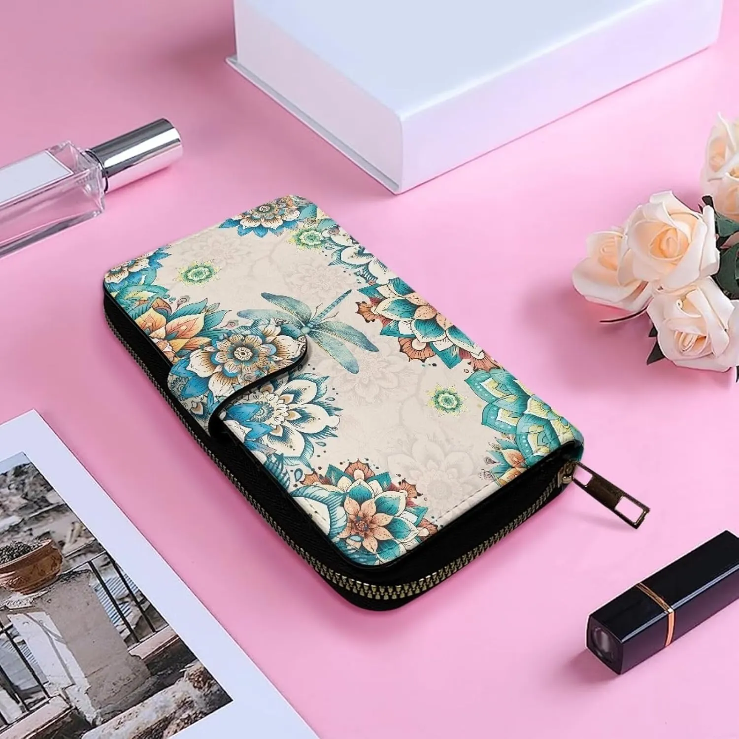 Wallet for Women Boho Floral with Dragonfly Print Zipper Wallet ID Card Purse PU Leather Clutch Wallet for Party Travel Shopping
