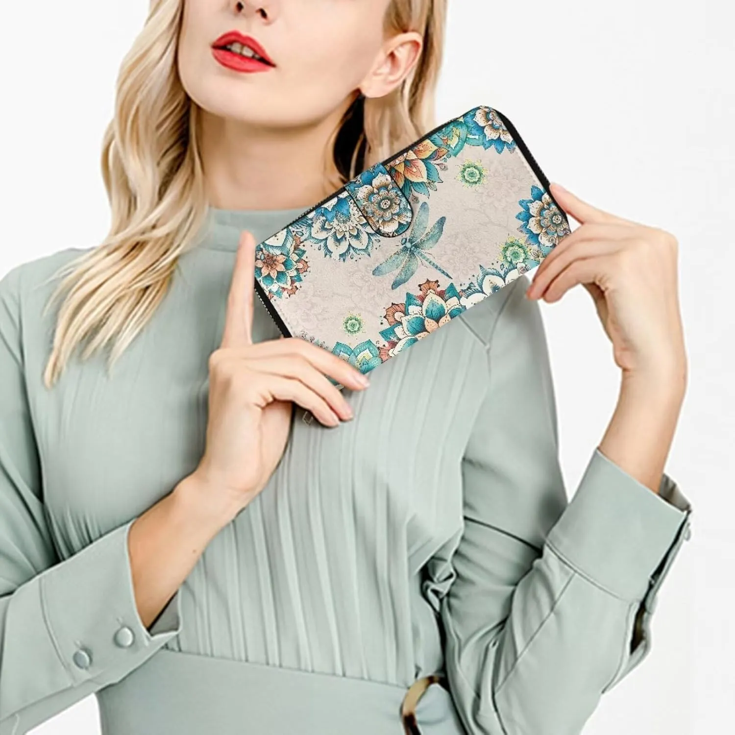 Wallet for Women Boho Floral with Dragonfly Print Zipper Wallet ID Card Purse PU Leather Clutch Wallet for Party Travel Shopping