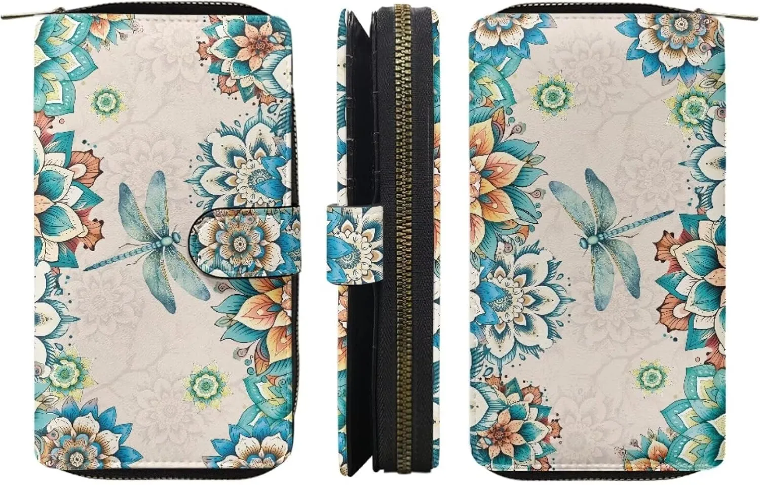 Wallet for Women Boho Floral with Dragonfly Print Zipper Wallet ID Card Purse PU Leather Clutch Wallet for Party Travel Shopping