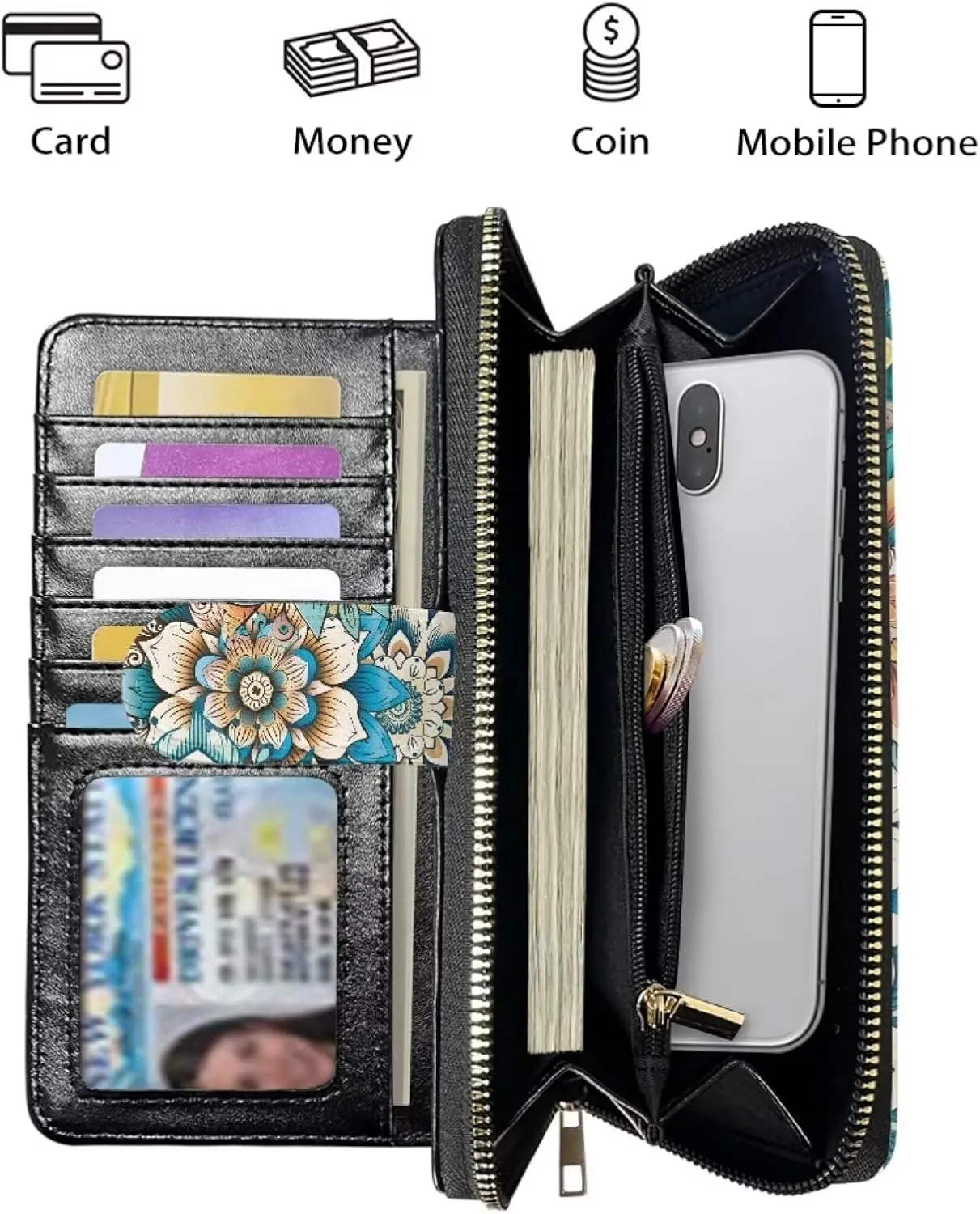 Wallet for Women Boho Floral with Dragonfly Print Zipper Wallet ID Card Purse PU Leather Clutch Wallet for Party Travel Shopping