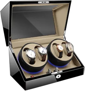 Watch Storage Box Wood Watch Winder for 4 Automatic Watches with 6 Storage Slots,4 Speeds LED Lighting 3 Rotation Movements 4 Rotary Plates Quiet Motor Unisex Watch Watch Display Storage Box